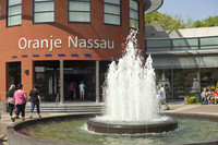 Fountain and façade of the Oranje Nassau pavilion at Keukenhof - Lisse, Netherlands